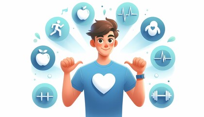 Embracing wellness: A cartoon man surrounded by healthy lifestyle choices