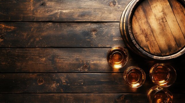 Whiskey glasses and wooden barrel on table, top-down view. Text space