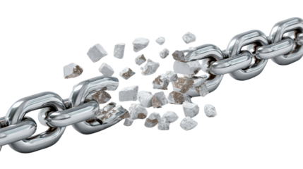 Chain Breaking: A dramatic moment captures the decisive act of breaking free, symbolizing liberation and the overcoming of obstacles, featuring a fragmented metal chain with visible pieces.