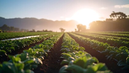 Lush Green Vegetable Farm at Sunrise Rows of Crops in a Scenic Agricultural Landscape