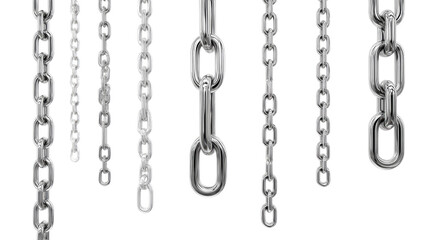Chains Display: A collection of sleek, metallic chains of varying lengths hang against a soft backdrop, symbolizing strength, connection, and the interconnectedness of elements.