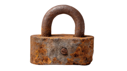 Rusty Lock: A close-up shot of a heavily oxidized lock, its surface texture reveals the passage of time. The padlock stands as a symbol of security and the enduring nature of protection. 