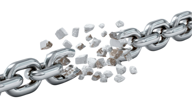 Chain Breaking: A dramatic moment captures the decisive act of breaking free, symbolizing liberation and the overcoming of obstacles, featuring a fragmented metal chain with visible pieces.