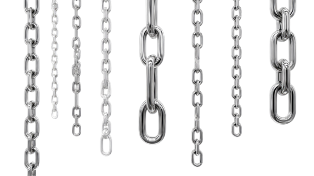 Chains Display: A collection of sleek, metallic chains of varying lengths hang against a soft backdrop, symbolizing strength, connection, and the interconnectedness of elements.