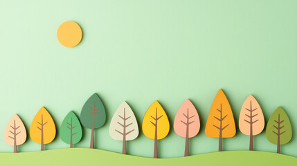 Vibrant paper cutout landscape featuring colorful trees against pastel green background, evoking sense of tranquility and nature beauty