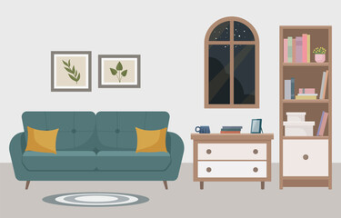 Flat vector illustration of a cozy living room interior in a modern style with a green sofa, chest of drawers, window. Ideal for interior design concepts, home decor, editorial content or website.
