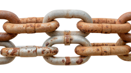 Connected Links: A weathered, rusty metal chain links together, showcasing strength and interconnectedness. Close-up shot revealing the texture and corrosion of the industrial structure. 