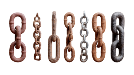 Vintage Chains Display: An array of antique chains, each bearing unique characteristics, suspended in space, showcasing their robust and enduring nature.