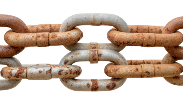 Connected Links: A weathered, rusty metal chain links together, showcasing strength and interconnectedness. Close-up shot revealing the texture and corrosion of the industrial structure. 