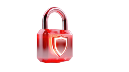 Data Security: A close-up shot captures a glowing red padlock, its polished surface reflecting a symbol of digital security and privacy. The image evokes a sense of trust, protection.