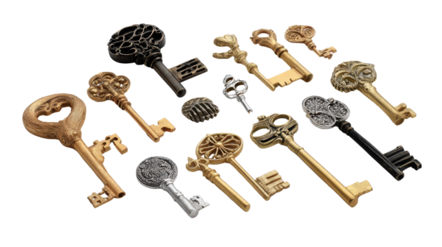 Vintage Key Collection: A beautiful set of unique vintage keys in various shapes and sizes, crafted from metal, conjuring up thoughts of security and memories.