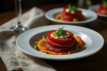 Gourmet beef and tomato salad on white plates