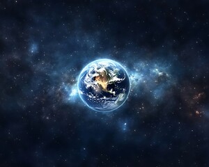 The earth floats surrounded by the expanse of deep space