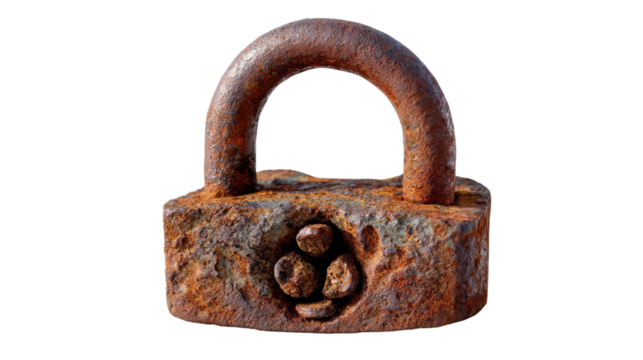 Rusty padlock in the light: The image features an old, rusty padlock, weathered by time and environmental elements. The padlock, a symbol of security and protection, shows clear signs of age.