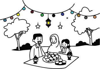 Family gathering for ramadan celebration under festive lights and traditional delicacies outdoors in simple black and white illustration