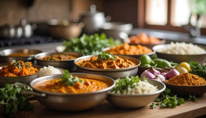 Obraz premium Delicious Indian Cuisine Aromatic Curries Rice and Spices in Rustic Setting