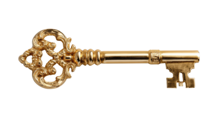 Golden Antique Key: A detailed close-up of a beautifully crafted antique golden key, symbolizing access, security, and the unlocking of possibilities.
