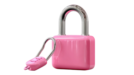 Pink Padlock of Protection: A shiny, pink padlock and key poised against a backdrop of pure white, symbolizes security and privacy. Evoking safety and safeguarding secrets