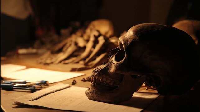 Forensic examination setup featuring a detailed human skull with visible teeth and slightly open mouth, illuminated by warm focused light on a wooden table. Partial human skeleton blurred in the backg