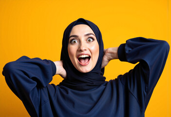 Amazed Woman in Hijab Overwhelmed by Shopping Deals on Bright Yellow Background