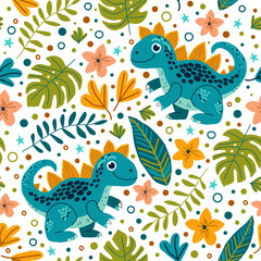 Seamless vector pattern with cute cartoon dinosaurs, tropical leaves, and colorful flowers on white background. Fun and playful design with dino for kids products, fabric, wallpaper, or nursery decor.