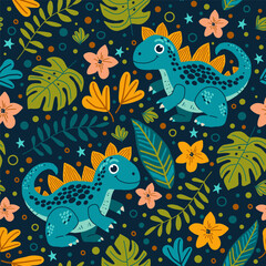 Seamless vector pattern with cute dinosaurs, tropical leaves, and colorful flowers. Fun and playful design for kids' products, fabric, wallpaper, or nursery decor.