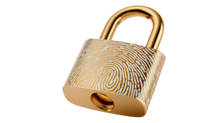 Gold Padlock with Fingerprint: A shiny gold padlock, embossed with a detailed fingerprint pattern, symbolizes security and protection, ready to guard valuable data and possessions.