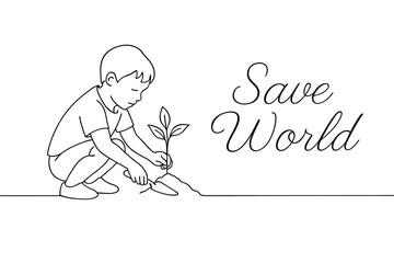 Line art of child planting tree for environment
