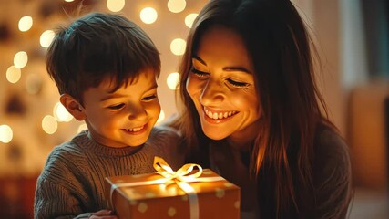 Happy mother and child opening a gift box with golden light on Christmas. Holiday celebration, family, love, happiness, gift. - Powered by Adobe