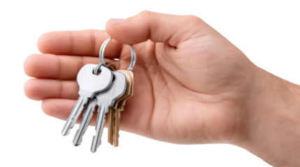 Hand Holding Keys: A close-up shot of a hand, holding a set of shiny metal keys on a keychain, presenting a feeling of access, security, and ownership.