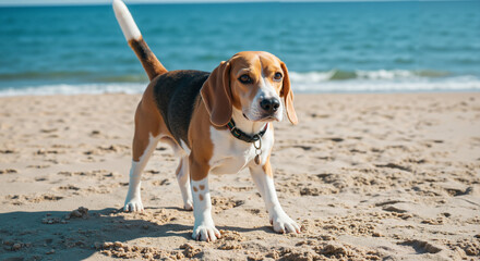 Beagle dog playing on sandy beach near the ocean during daytime  