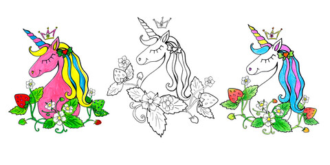  coloring page unicorn with strawberry © Halyna