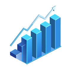 Isometric Blue Bar Graph with Upward Trending Arrow

