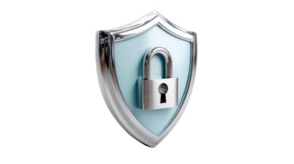 Digital Shield: This image showcases a digitally rendered shield, adorned with a gleaming padlock, embodying security and protection, perfect for cyber security.
