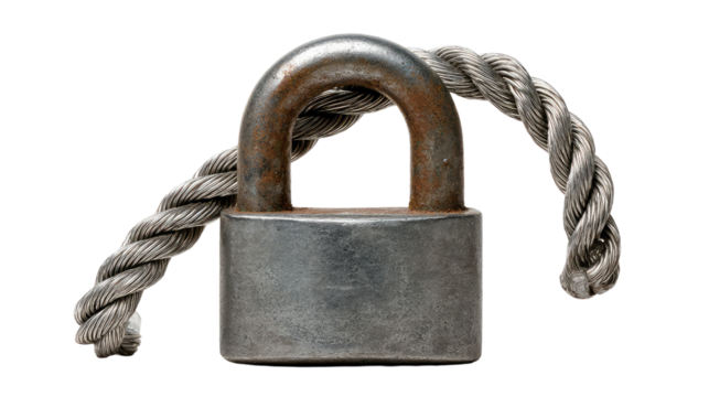 Secure Lock and Rope: A robust metal lock entwined with a thick rope against a clean background, symbolizing safety and constraint in equal measure.