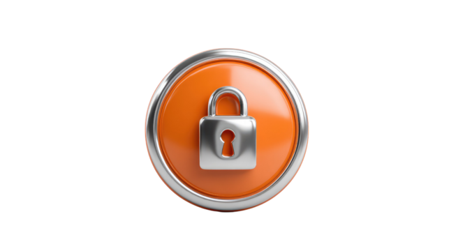 Secure Digital Icon: A close-up, studio shot of a sleek padlock icon, symbolizing security and data protection, set against a vibrant orange backdrop.