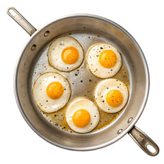 Fried eggs in a frying pan top view isolated on white background