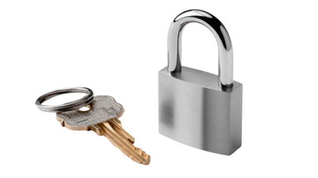 Security Lock and Keys: A gleaming padlock with a metallic gleam stands sentinel beside a set of keys, each representing access and safeguarding.