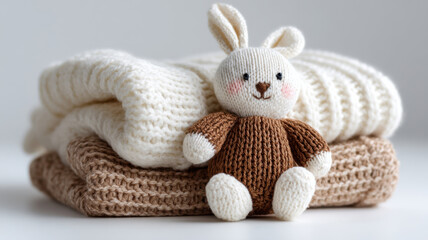 Fototapeta premium A cute knitted rabbit toy sitting on top of two folded sweaters. The scene evokes warmth and comfort.