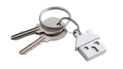 House Keys with Keychain: A close-up shot of two house keys attached to a keychain featuring a small house-shaped charm.  The keys and keychain are silver and white.