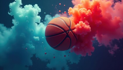 Basketball floating amidst swirling colored smoke , studio, sporting goods, fitness