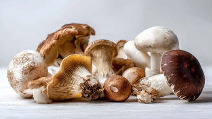 Freshly harvested variety of mushrooms, showcasing earthy tones and textures. This shot accentuates culinary and natural essence of mushroom