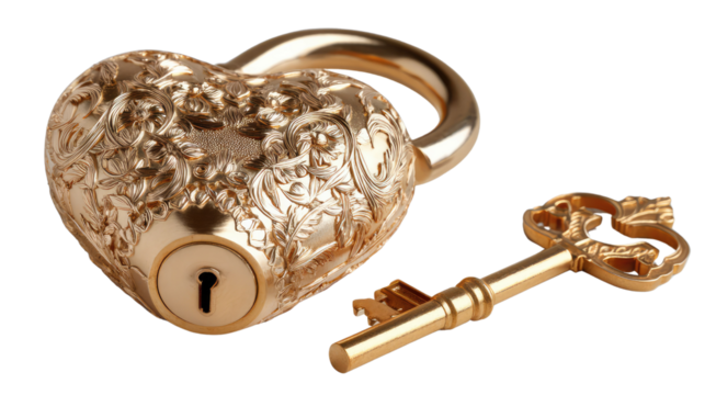 Heart-Shaped Lock and Key: A romantic, golden heart-shaped lock and key, symbolizing love, security, and eternal connection, is captured in a captivating still life setting.