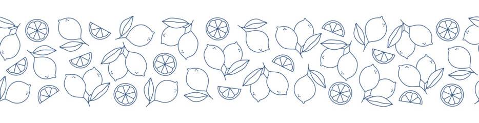 Lemon seamless border. Blue outline whole lemons, slices, and leaves on white background. Vector illustration