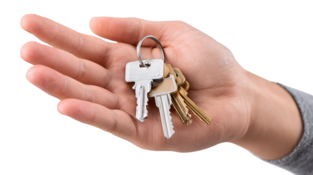 Keys in Hand: A close-up shot of a hand gracefully presenting a set of keys, symbolizing access, security, and new beginnings. This image evokes feelings of trust and potential.