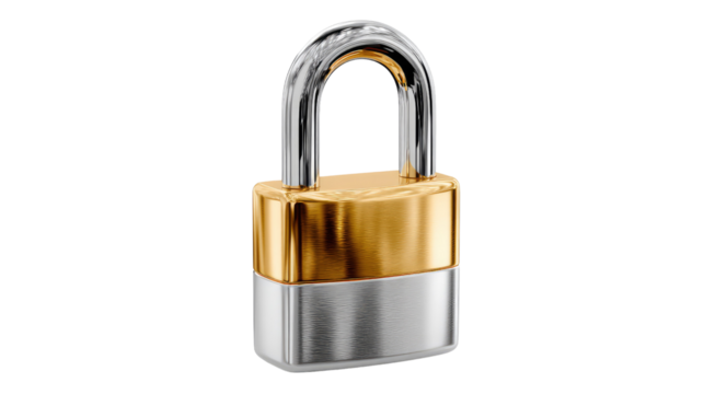Secure & Protected: A close-up studio shot features a classic padlock, in a simple design with golden and silver metal. Its form hints at security, safety and digital privacy.