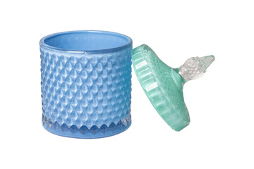 Blue and green glass jar with lid isolated on transparent background