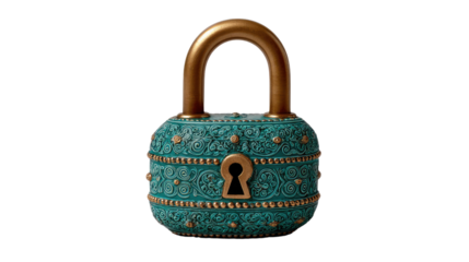 Ornate Padlock: A close-up shot of a decorative turquoise and gold padlock, a symbol of security, secrecy and protection, showcasing the detailed design of craftsmanship.