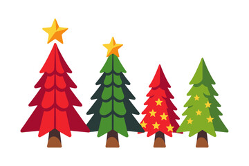 Festive Christmas Trees Illustration - Holiday Season Decorations - Red and Green Tree Icons with Stars - Perfect for Christmas Cards