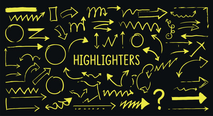 Creative yellow highlighter doodles and arrows on dark background for design inspiration. Vector illustration